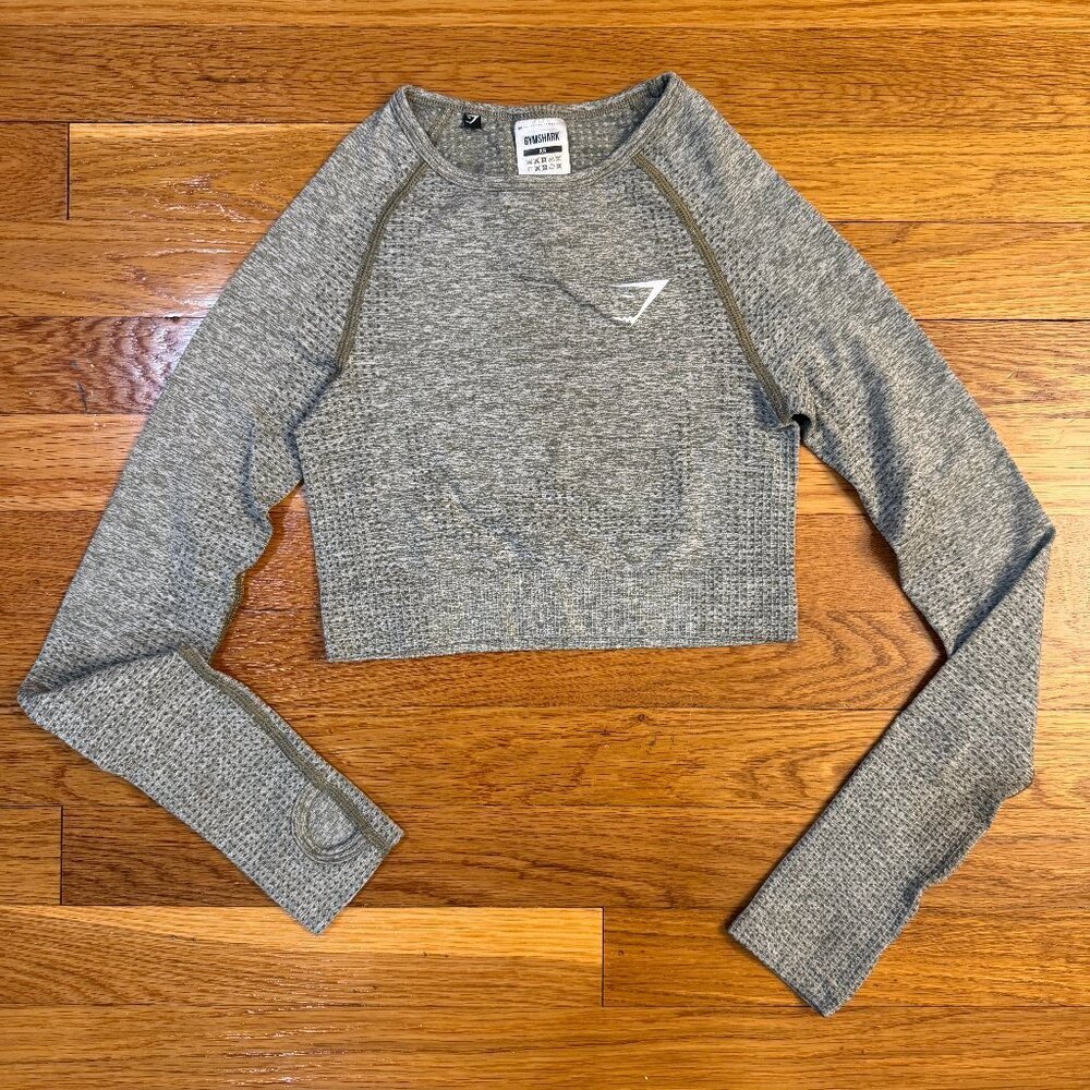 GYMSHARK Vital Seamless Long Sleeve Cropped Athletic Sports Top Tan/Gray - XS